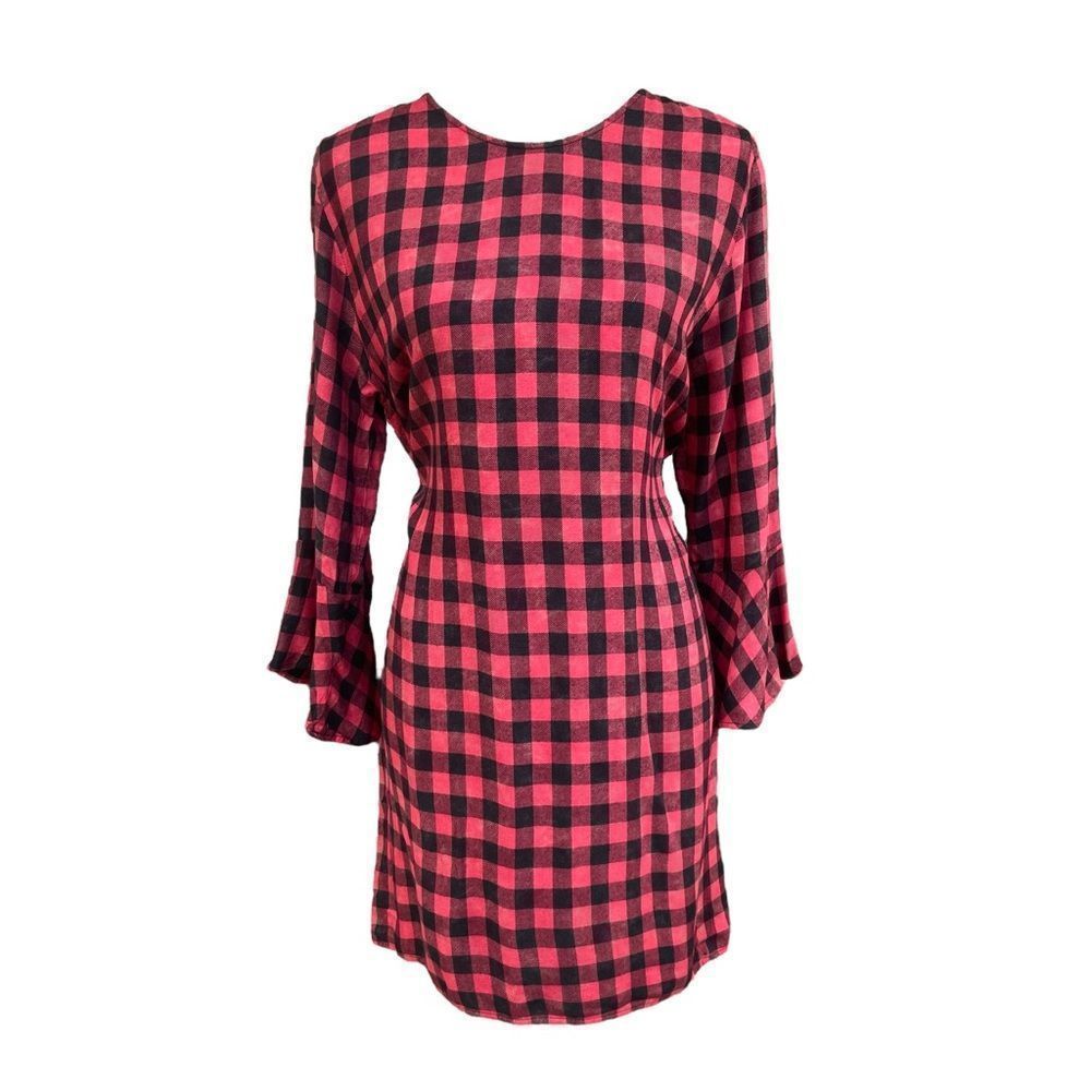 Anthropologie Cloth & Stone Red Buffalo Plaid Flutter Sleeve Dress Size Medium